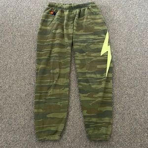 Aviator Nation Green Camo Joggers with Yellow Lightning Bolt